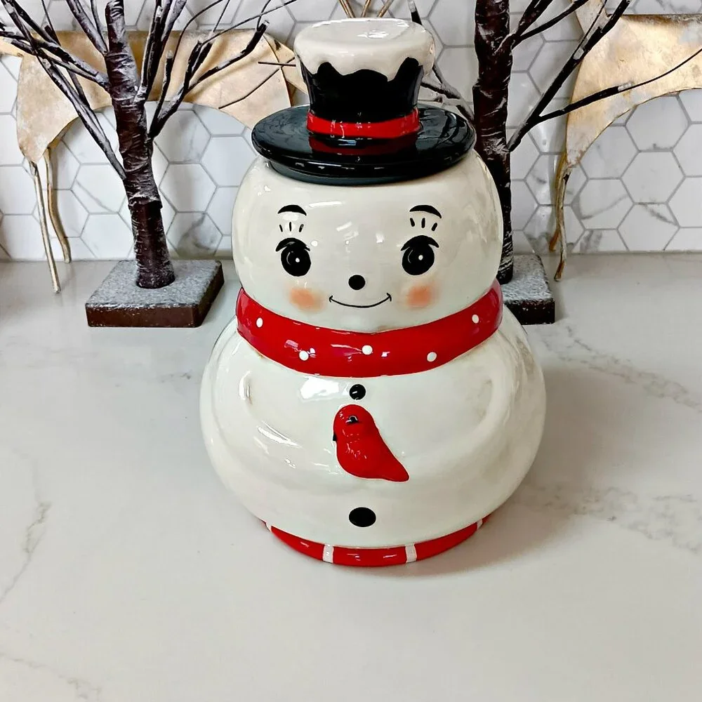 NEW! JOHANNA PARKER SNOWMAN W/CARDINAL COOKIE JAR